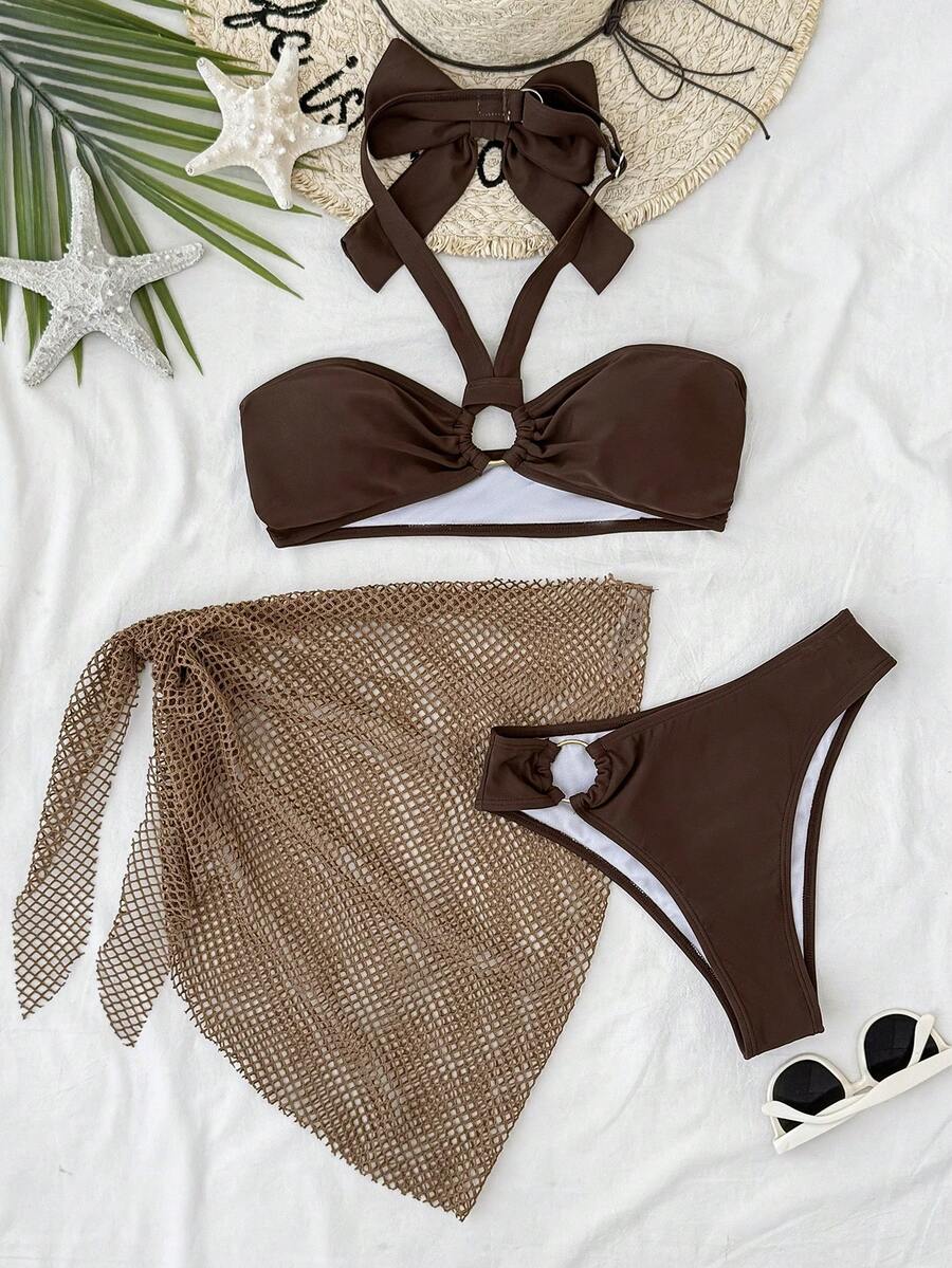 Kids Teen Girls 3 Pieces Tankini Set With Metal Ring Accent,Summer Beach Vacation Holiday Hawaii Coffee Brown Bikini Set With Mesh Cover Up Skirt - Coffee Brown - View 1