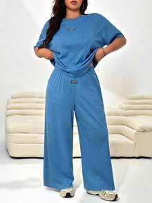Solflare Plus Size Textured Knit Cardigan Top + Loose Pants Casual 2 Pieces Set - Royal Blue - View 1