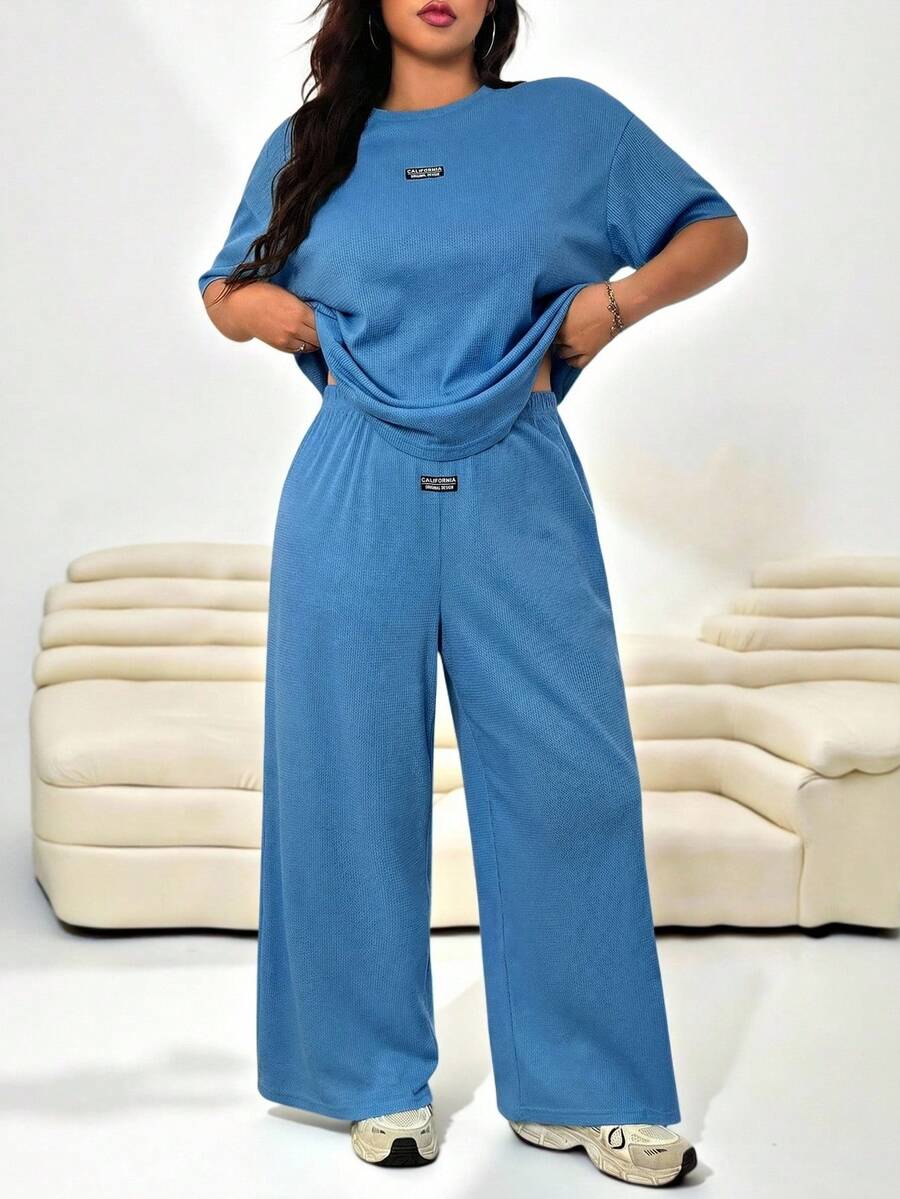 Solflare Plus Size Textured Knit Cardigan Top + Loose Pants Casual 2 Pieces Set - Royal Blue - View 1