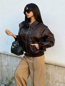 Ronhire Chaqueta marrón de moda para mujer para ir al trabajo, otoño - Café integral - Ver 4