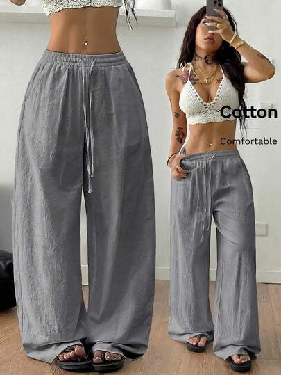 Coolane Trang phục mùa hè dành cho nữ, thích hợp đi xem hòa nhạc, đi biển, phong cách boho cơ bản tối giản, quần trắng 100% cotton đã giặt, ống quần cong.