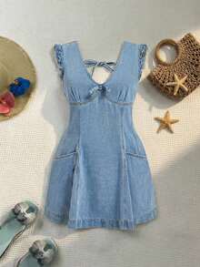 Sunnyshic 大码女式新款牛仔蓝学院风短袖蝴蝶结牛仔连衣裙 - 淺色水洗藍 - 查看 6