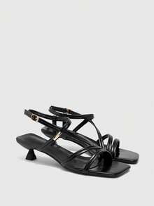 CUCCOO BIZCHIC Giày sandal nữ mùa xuân hè mới màu đen có khóa kim loại, mũi vuông, hở mũi, cao gót, gót mỏng kiểu Pháp, phối cùng váy. - màu đen - Xem 4
