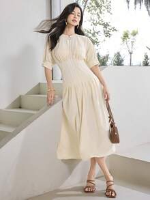 Heiryn Women's Solid Color Short Sleeve Zipper Front Casual Waist Cinched Midi Dress - Yellow - View 7