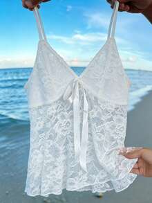 Lace Patchwork Knotted Solid Color Casual Camisole Top - White - View 2