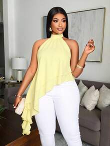 SOLERSUN Women's Elegant Vacation Light Yellow Halter Neck Flowing Double- Asymmetric Layered Ruffle Hem Blouse - Light Yellow - View 1