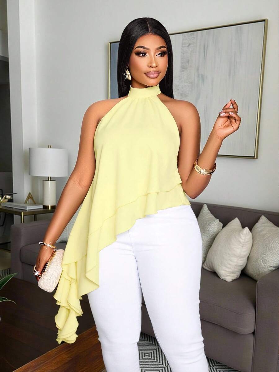 SOLERSUN Women's Elegant Vacation Light Yellow Halter Neck Flowing Double- Asymmetric Layered Ruffle Hem Blouse - Light Yellow - View 1