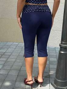 GalTyme Quần legging cỡ lớn màu xanh hải quân, họa tiết chấm bi phối nhiều mảnh. - Màu xanh hải quân - Xem 2