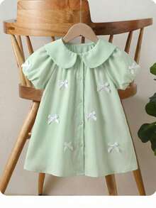 SHEIN Đầm ngắn tay màu xanh lá cây dễ thương cho bé gái, cổ Peter Pan, thắt nơ, thích hợp cho mùa hè. - Màu xanh Bạc hà - Xem 3