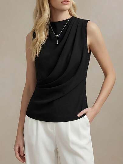 BizChic Spring/Summer New Asymmetric Ruched High Neck Camisole, Chic Elegant Urban Commute Everyday Romantic 90s Retro, Suitable For Christmas, New Year, Valentine's Day, Party, Beach, Graduation, Fashion, Carnival, Holiday, Wedding Guest, Brunch, Airport, Multi-Occasion