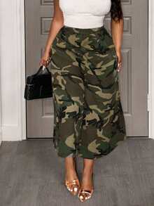 Slaydiva 春夏新款宽松迷彩印花七分裤，适合休闲、街头风、运动休闲、学院风、日常穿着、派对、音乐节等场合 - 大码女式迷彩套装，大码女式休闲裤，居家办公穿搭，阔腿七分裤，夏季长裤，迷彩裤 - 軍綠色 - 查看 9