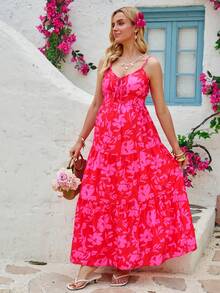 SHEIN Pregnant Women's Summer Beach Vacation Floral Print Tiered Hem Sleeveless Dress - Red - View 1