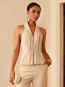 Lyxana Women's Linen-Like Collared Sleeveless Ruched Waist Suit Vest And Casual Pants Set - Apricot - View 8