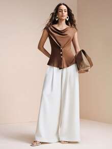 Arave 女士弹力针织修身上衣，褶皱领口，收腰设计，金属扣，不对称下摆，适合日常通勤 - 棕色 - 查看 2