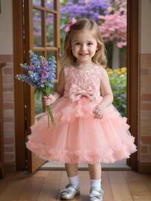 Glamorique Kids Baby Girls Tulle Mesh Formal Dress, Elegant Suitable For Birthday Party, Evening Event, Wedding, Christening, 1st Birthday - Pink - View 6