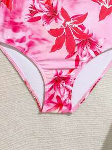 Bañador de tankini de punto con estampado floral tropical para niñas, bañador para niñas, bañador floral rosa, bañador para adolescentes, bañador tropical floral rosa para niñas preadolescentes, bañador rosa para niñas, bañador casual de verano con estampado de flor de hibisco para niñas, bañador de tankini rosa con volantes para niñas, bañador floral rosa para niñas, bañador con estampado floral para niñas, bañador con estampado de hibisco para niñas - Rosa - Ver 3