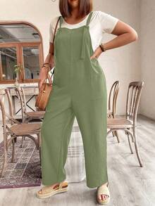 Plus Size Women Casual Everyday Commute Solid Color Patchwork Pocket Jumpsuit - Green - View 6