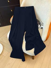 GlowEve CURVE Plus Size Women's Solid Color Pleated Wide Leg Loose Casual Pants - Navy Blue - View 4