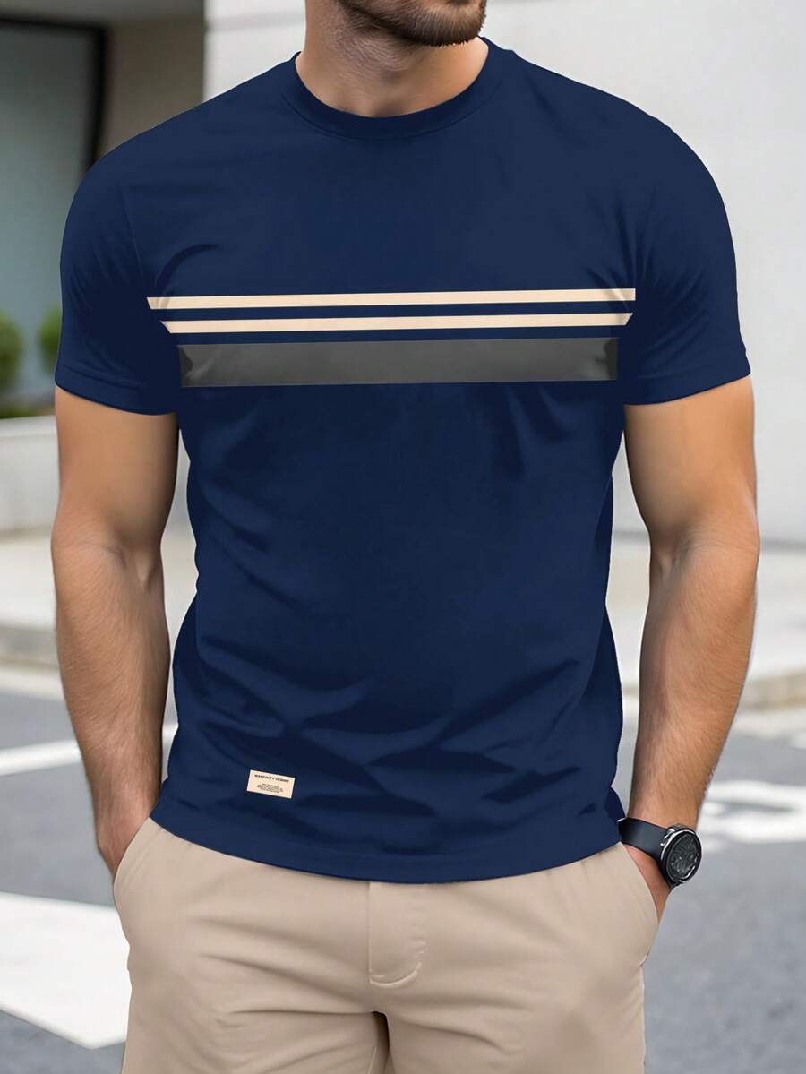 Azurnel Men's Casual Everyday Commute Colorblock Striped Print Short Sleeve T-Shirt, Summer - Navy Blue - View 1
