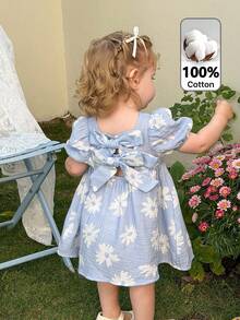 LMoss Kids Đầm casual tay phồng họa tiết hoa nhí cho bé gái - Xanh và trắng - Xem 1