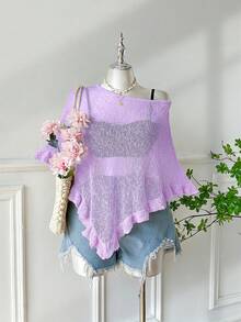 SHEIN EZwear 大码女式轻薄薰衣草色荷叶边半透明宽松针织毛衣，适合夏季外出和约会 - 淡紫色 - 查看 1