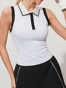 CourtClass Women's Contrast Color Polo Collar Sleeveless Cardigan Vest, Slim Fit, Sports & Casual Wear, Suitable For Tennis, Golf - White - View 1