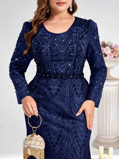 Coutiva 大码优雅华丽亮片刺绣V领长袖珍珠水钻设计秋冬连衣裙，适合日常穿着、派对、晚宴、婚礼宾客等场合。
