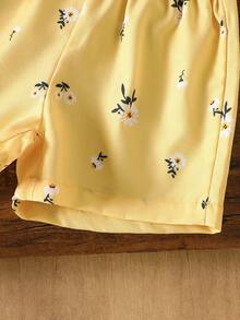 SHEIN BABAGIRL Summer Cute White Camisole With Flutter Sleeves,Whimsical Graphic Pattern,Matching Bowknot Outfit For Vacation & Daily Outings - Yellow - View 4