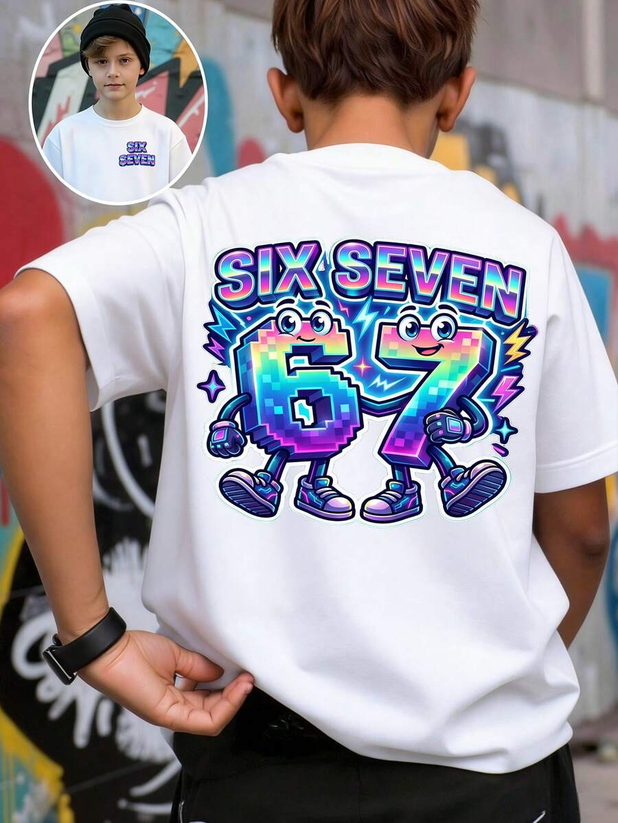 Camiseta de manga corta con estampado gráfico de rayo, estrella y letra para niños preadolescentes, estilo casual y creativo con degradado de píxeles cibernéticos, cómoda para usar a diario en primavera, verano y otoño - Blanco - Ver 1