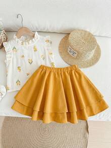 LMoss Kids LMoss 两件套少女碎花编织休闲衬衫和编织迷你裙套装 - 黃色 - 查看 5