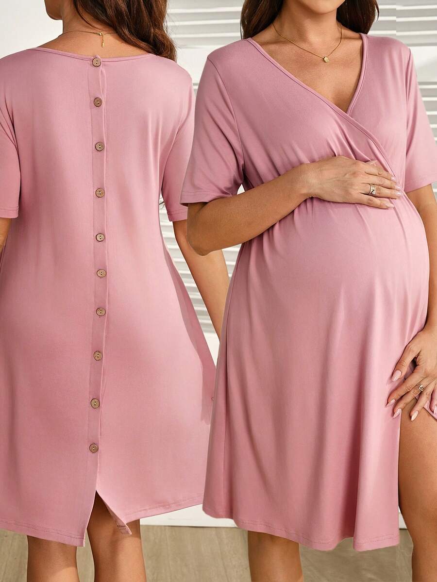 GentleRue Maternity 櫻桃粉 夏季休閒日常極簡哺乳短袖洋裝,鈕扣裝飾,孕婦醫院哺乳產後洋裝 - 藕粉色 - 查看 1