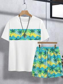 Manfinity RSRT Set tricou casual cu guler rotund pentru bărbați, cu design tropical de cocos și ocean energic, vacanță - Multicolor - Vizualizare 3