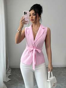 Elenzga Sleeveless Elegant Romantic Delicate Women's Thin Blazer - Pink - View 1