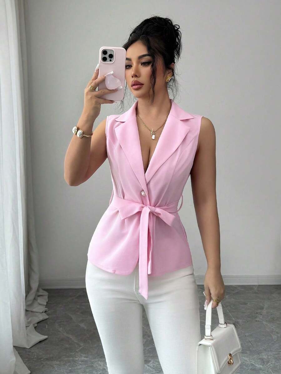 Elenzga Sleeveless Elegant Romantic Delicate Women's Thin Blazer - Pink - View 1