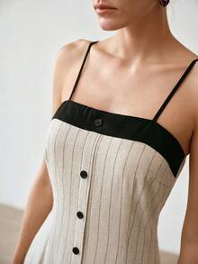 MOTF PREMIUM VESTIDO CAMISERO CON ESTAMPADO DE RAYAS DE COLOR CONTRASTANTE PARA MUJERES - Albaricoque - Ver 2