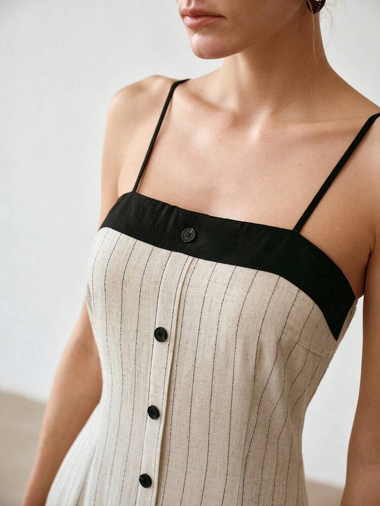 FASHIONABLE CONTRAST COLOR STRIPED PRINT SLIP DRESS FOR WOMEN