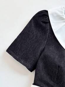 Teen Girl Denim Snug Fit Dress,Dark Blue,Autumn,Cute,Graduation,Back-To-School Washed Pleated Hem Design With Belt Contrast Color Shirt Collar Dress - Blue - View 6