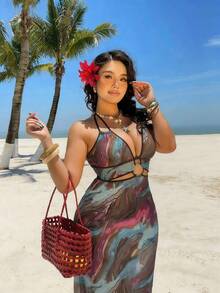 Sunnyshic Mesh Digital Print Elastic Knit Circular Accessory Dress, Sexy Resort/Island Vacation/Beach - Khaki - View 5
