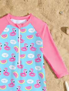 New Fashion Girls One-Piece Long Sleeve Shorts Swimsuit, Random Cute Print Young Girl Swimwear - Multicolor - View 4
