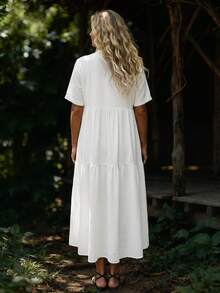 Linavere Vestido de mujer de unicolor con volantes en el bajo y cuello con abertura - Blanco - Ver 2