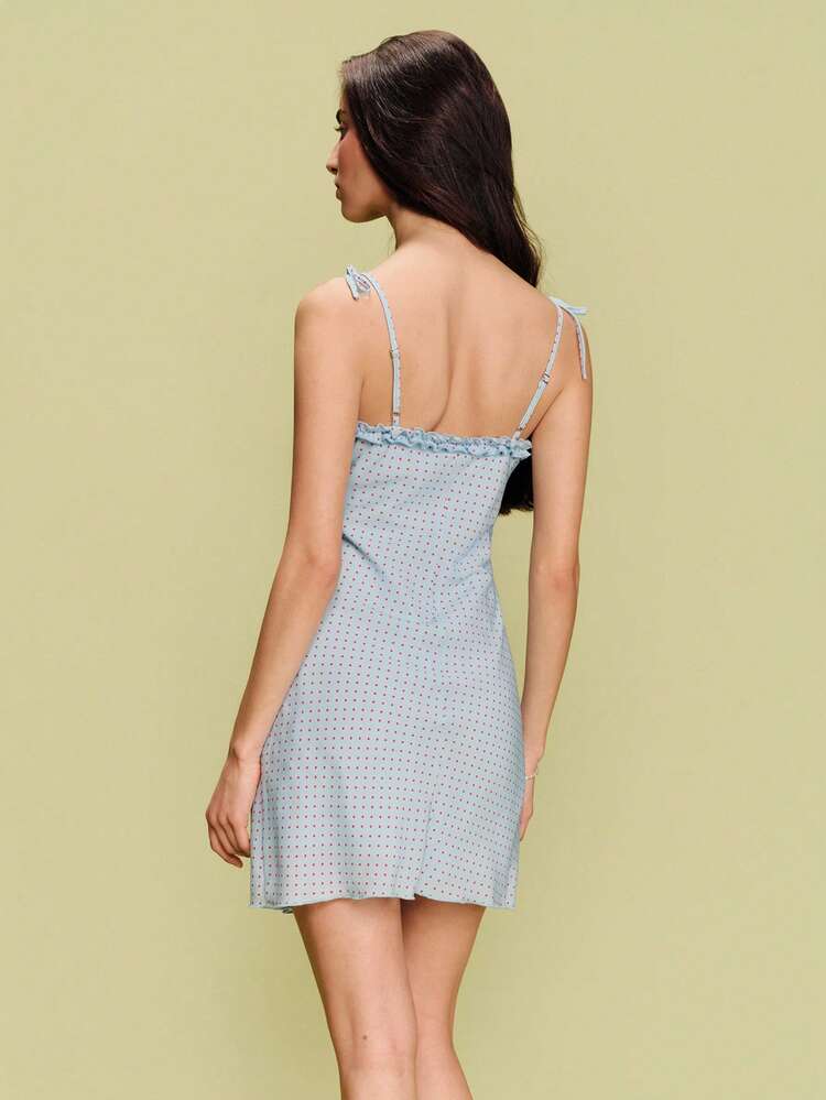 Himmelblau Mini-Kleid mit rosa Punkten, Rüschendetails und Bindeträgern, süßes Frühlingskleid, Sommerferienkleid, Urlaubskleid im französischen Pariser Stil