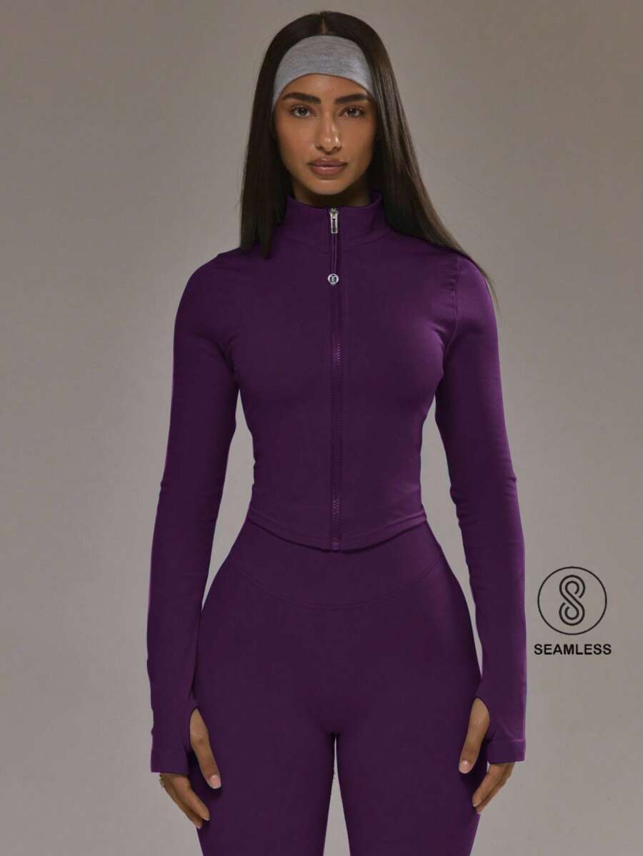 Musera Sport 下摆拉链无缝BBL夹克套装上衣（仅限板式网球冬季运动服，适合健身房锻炼） - 紫色 - 查看 1