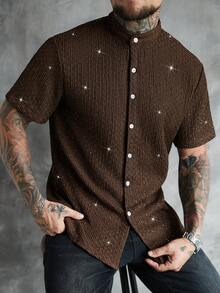 SLATEMANN Men's Casual Fashion Party Rhinestone Textured Fabric Short Sleeve Shirt, Summer - Coffee Brown - View 3