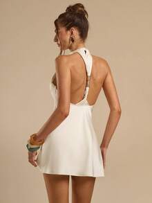 SHEIN BAE Women's Spring/Summer White Satin Halter Backless Metal Buckle Decor A-Line Mini Dress, Graduation Wedding Guest Holiday - White - View 3
