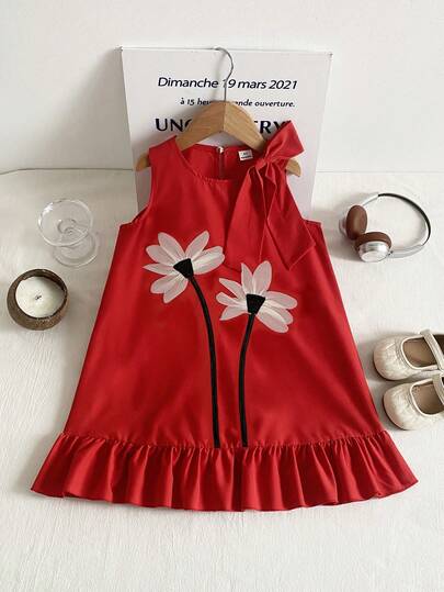 Elladie kids Vestido infantil sem mangas com gola redonda, decoração floral 3D na frente, laço combinando na gola e babados na barra. Estilo elegante e delicado, perfeito para festas de aniversário, banquetes e eventos noturnos.