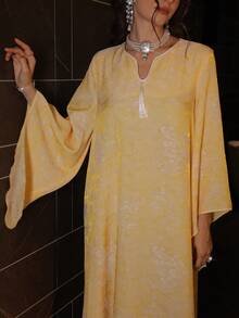 SHEIN Najma Đầm dạ hội thanh lịch tay cánh dơi, chất liệu jacquard, dáng rộng, có tua rua, viền xòe, thích hợp cho nữ. - Màu vàng - Xem 9