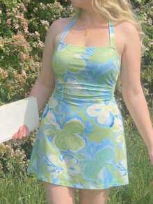 SHEIN MOD 大码蓝色碎花吊带迷你连衣裙，夏季度假连衣裙，沙滩连衣裙 - 彩色 - 查看 7