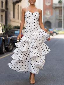 Lumalex 女士波点不对称荷叶边收腰连衣裙 - 杏色 - 查看 10