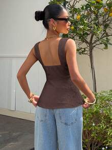 Muchica Chocolate Brown Solid Color V-Neck Casual Knit Vest For Women,Summer Top - Chocolate Brown - View 2