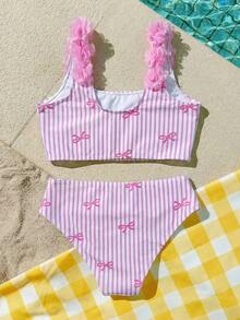 SHEIN Bộ đồ bơi kẻ sọc nơ cho bé gái tuổi teen - Hồng - Xem 5